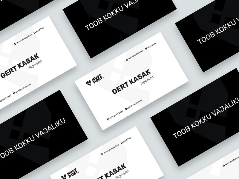 Must Posti mustvalged visiitkaardid logo ja loosungiga